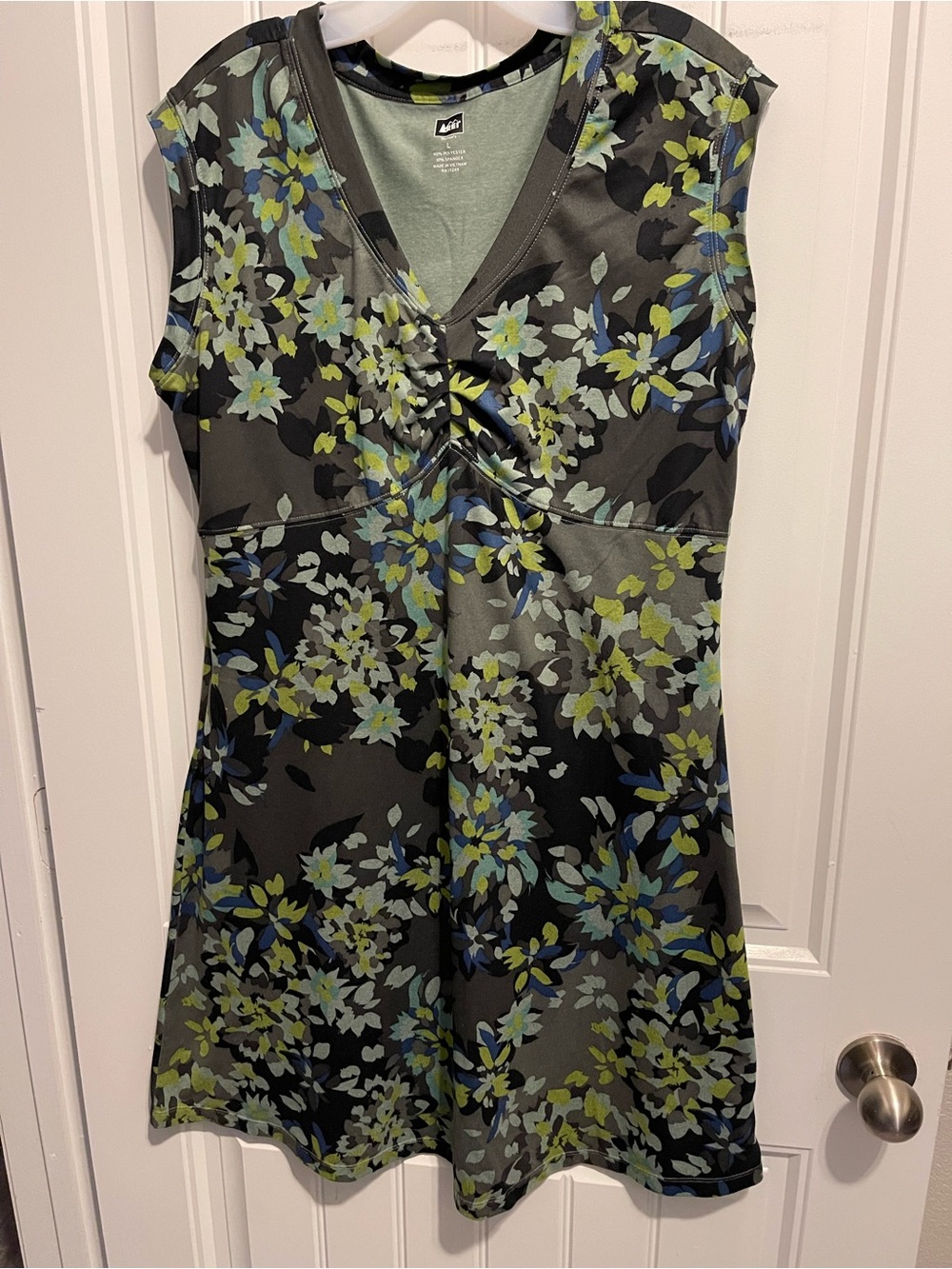 REI Olive Green & Blue Floral Sleeveless V-Neck Dress